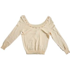 Vintage Y2k Off Shoulder Sweater Top Blouse Peach, Beaded Flowers Long Sleeve M